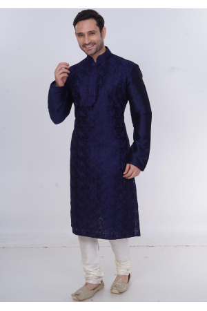 Blue with Golden Color Silk Fabric Kurta